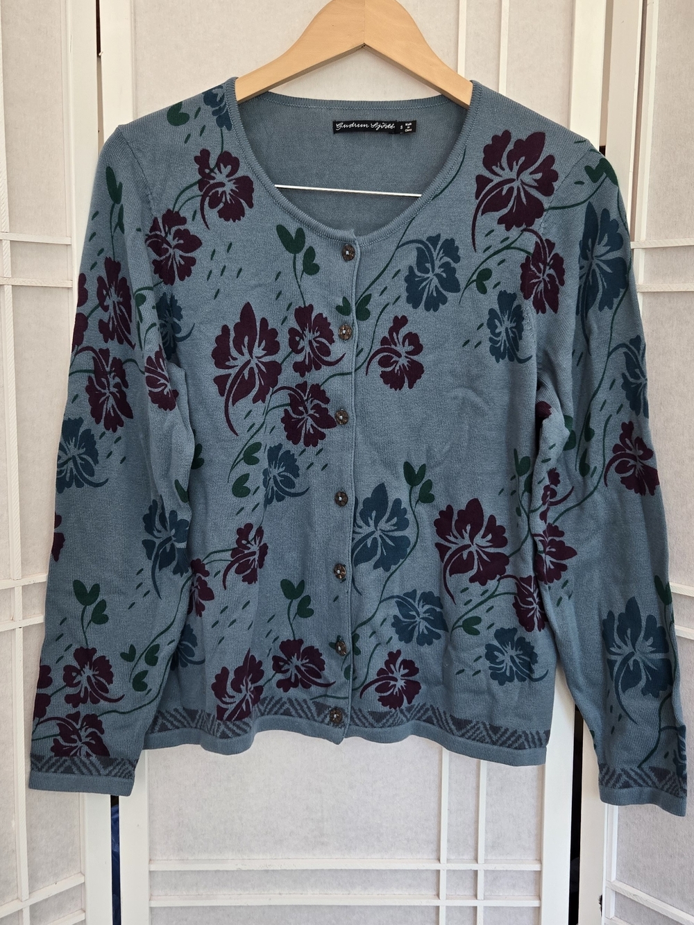 Gudrun Sjöden Slate Blue Floral Cardigan with Burgundy and Teal Motifs